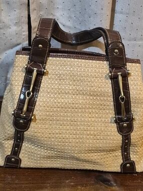 CL America Vintage Woven Straw Satchel Bag Key Leash Shoulder Purse